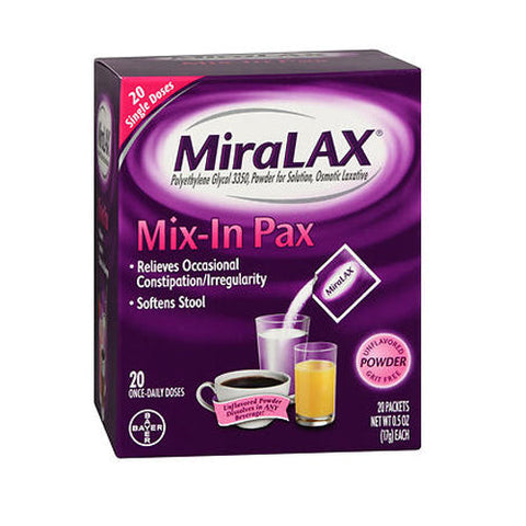 Miralax, Polyethylene Glycol 3350 Osmotic Laxative Mix-In Pax Powder Unflavored, 20 Each Miralax