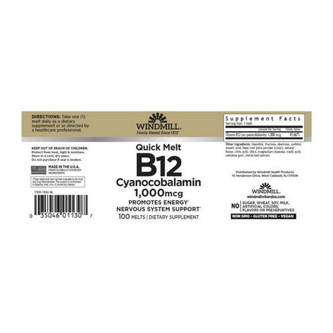 Windmill Health, Quick Melt Vitamin B12 Cyanocobalamin, 1000 Mcg, 100 Count Windmill Health