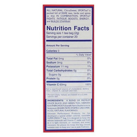 Sportea, Hot Tea 20 Cup Size Teabags With Green Tea Vitamin C Electrolytes  And Siberian Eleuthero Root, 1.4 Oz