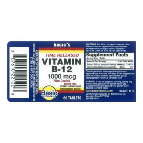 Basic Vitamins, Time Released Vitamin B12, 1000 Mcg, 60 Tabs