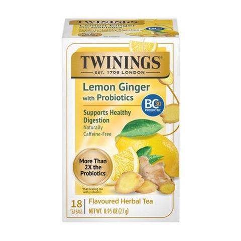 Twinings Tea, Probiotics Plus Lemon and Ginger Herbal Tea, 18 Bags(Case Of 6)