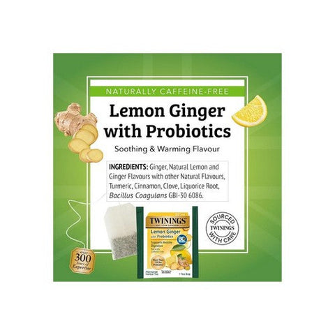 Twinings Tea, Probiotics Plus Lemon and Ginger Herbal Tea, 18 Bags(Case Of 6)