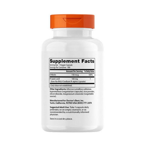 Doctors Best, Stabilized R-Lipoic Acid with BioEnhanced Na-RALA, 100 mg, 180 Veggi Caps Doctors Best